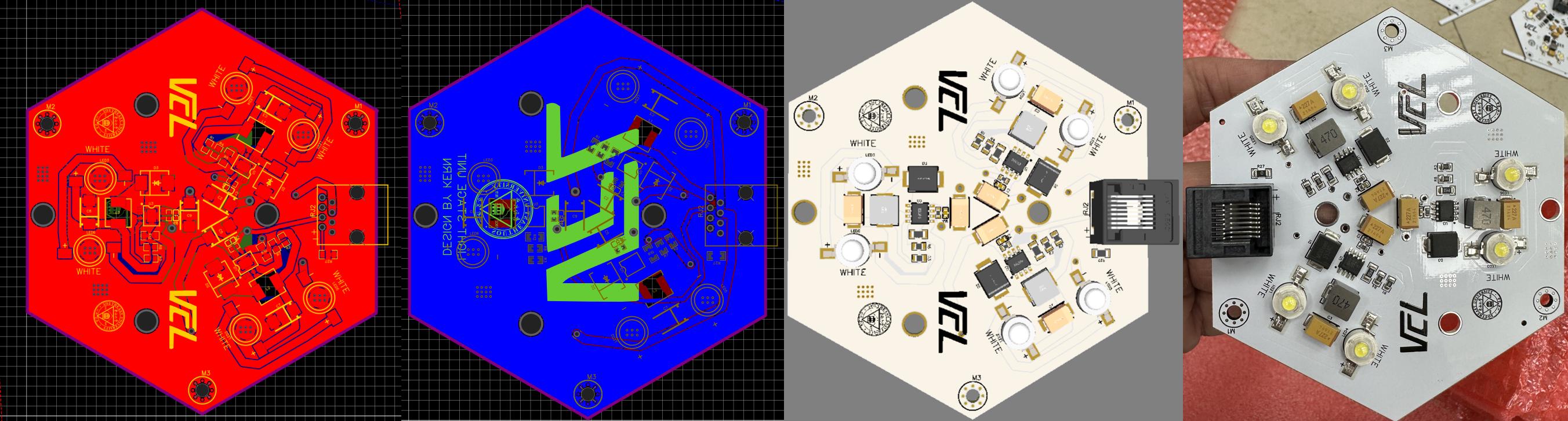 PCB layout, 3D view, physical drawing of the lighting unit